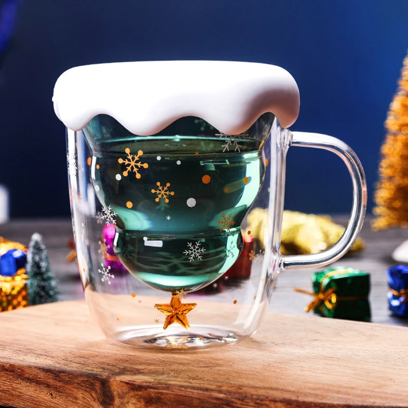 

Cute Christmas Tree Mug Double Wall Glass Coffee Cups with Silocone Lid Snowflake Star Xmas Gift Wine Tea Milk Water Tumbler