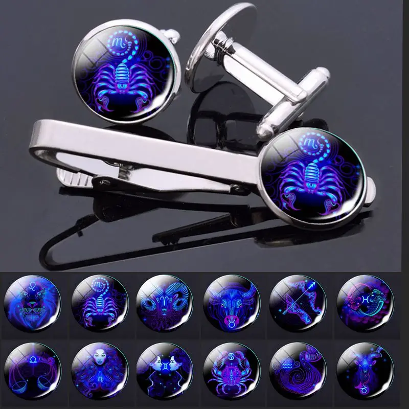 

12 Constellation Tie Clip and Cufflinks Set Zodiac Signs Glass Cabochon Silver Plated Cufflinks and Tie Clip Packaged with Box