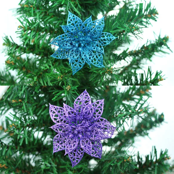 12/24Pcs Glitter Christmas Tree Flower Ornaments Xmas Party Decor Supplies DC156