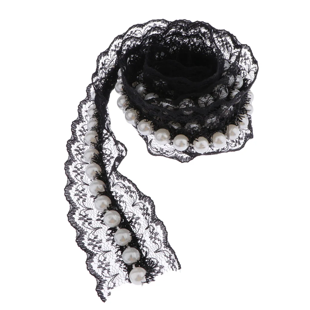 1 Yard Embroidery Lace Ribbon Trim with Pearl Cushion Curtain Ornament Tulle Mesh Craft Ribbon for Dress Decor Sewing Accessory