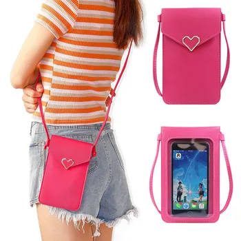 Women Touch Screen Cell Phone Purse Transparent Simple Bag New Hasp Heart Wallets Smartphone Leather Shoulder Light Handbags 1