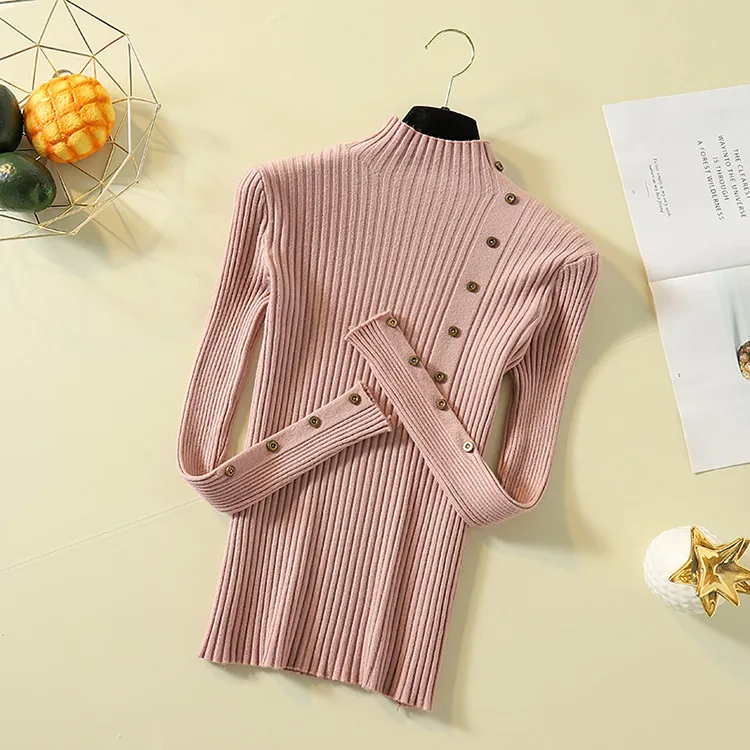 Fashion Turtleneck Sweater Women Long Sleeve Button Decoration Slim Women Pullover Sweater 2019 Autumn Winter Female Jumpers (30)