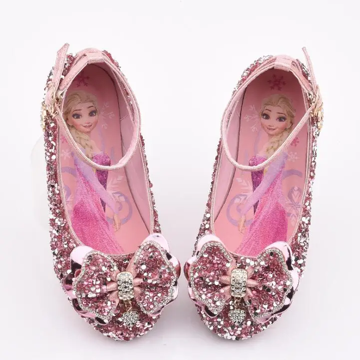 Детская кожаная обувь принцессы Эльзы Детский с бантиком для девочек свадебная обувь модные модельные туфли со стразами кроссовки для вечеринки для девочек