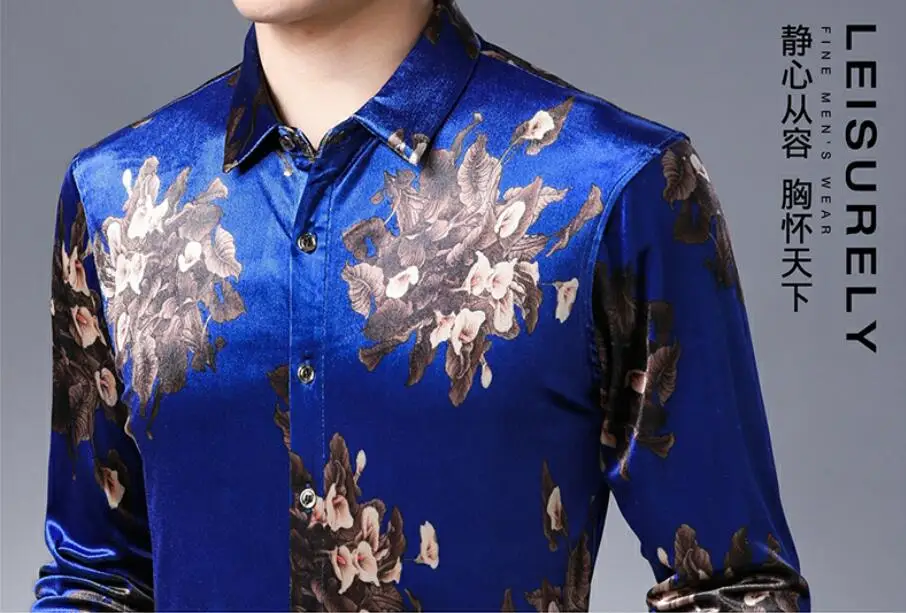 Mens Autumn Fashion Gold Velvelt Floral Dress Shirt Casual Fit Slim Business Males Flowers Velvet Shirts