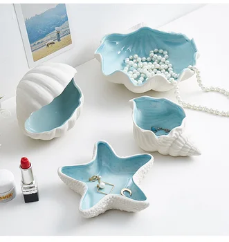 

Ceramic Makeup Storage Box Conch Design Jewelry Organizer Tray Nordic Cosmetic Organizer Cute Necklace Earring Display Holder