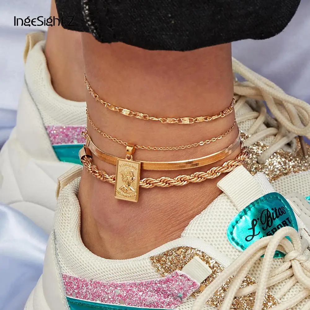 IngeSight.Z 4Pcs/Set Punk Portrait Carved Coin Pendant Anklets Bracelets Metal Rope Chain Barefoot Sandals On Foot Ankle Jewelry IngeSight.Z 4Pcs/Set Punk Portrait Carved Coin Pendant Anklets Bracelets Metal Rope Chain Barefoot Sandals On Foot Ankle Jewelry