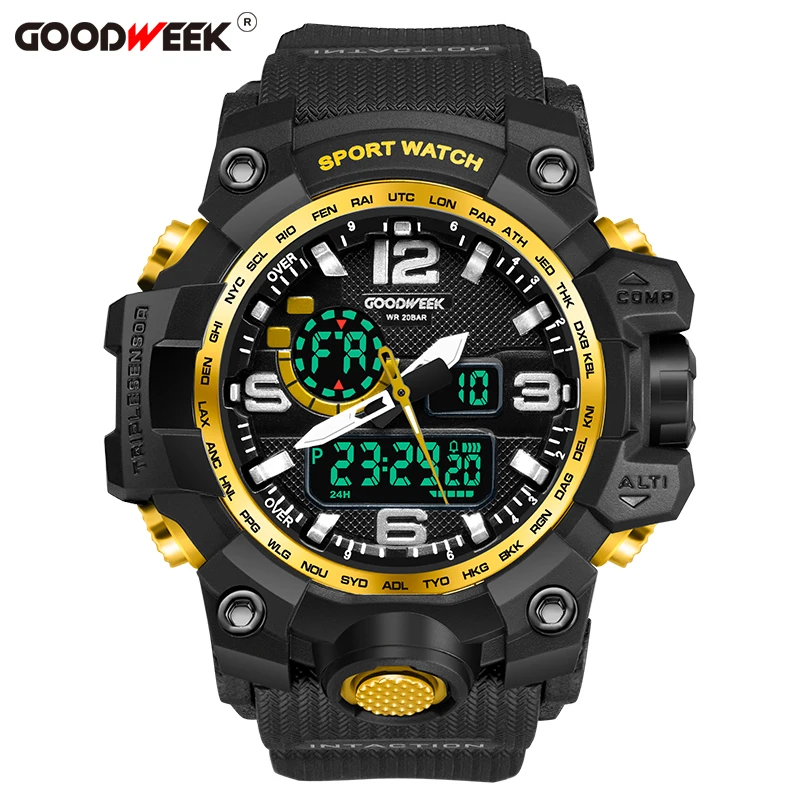 Online GOODWEEK Mann Sport Uhr Militär Armee Wasserdichte Digital Quarz Uhr Für Männer Dual Display Uhren Schwimmen Relogios Masculino