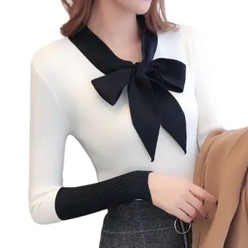 

2020 Womens Knitted Sweater Color Block Sweet Lace Up Bowknot V-Neck Slim Jumper Tops