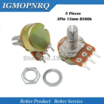 

5PCS WH148 Potentiometer 3PIN 15mm B500K 500K Ohm Shaft With Nuts And Washers