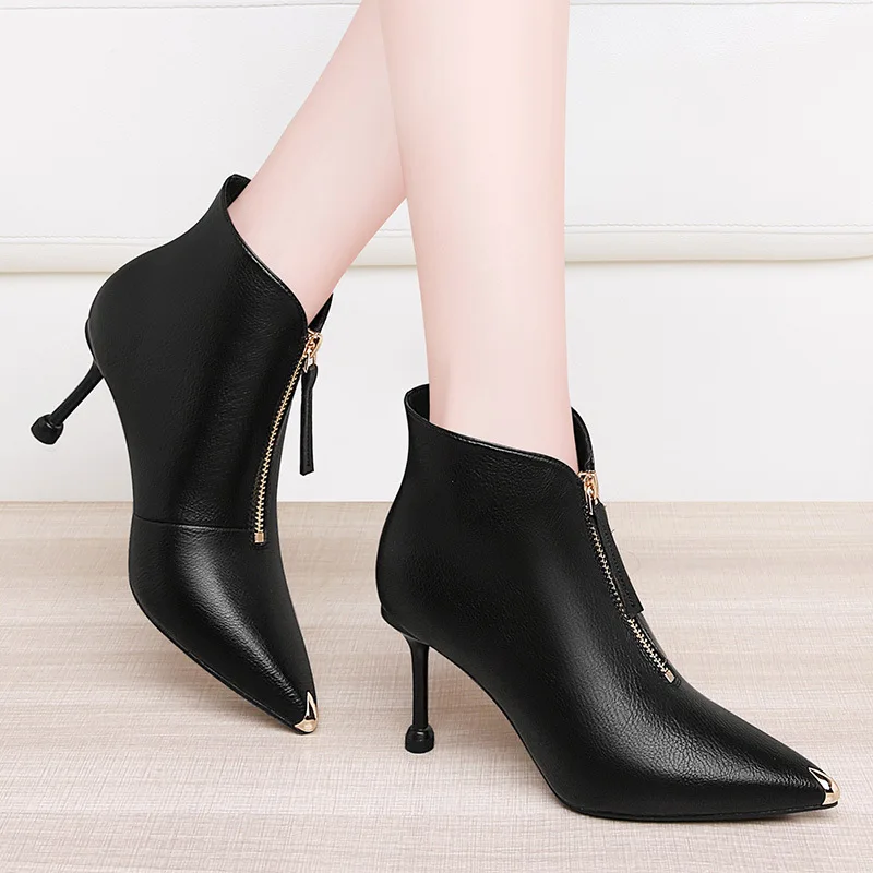 

Centennial Pointed-Toe Front Zipper Short Boots Women's Leather Boot 2019 Autumn And Winter New Style Sexy High Heel Martin Boot