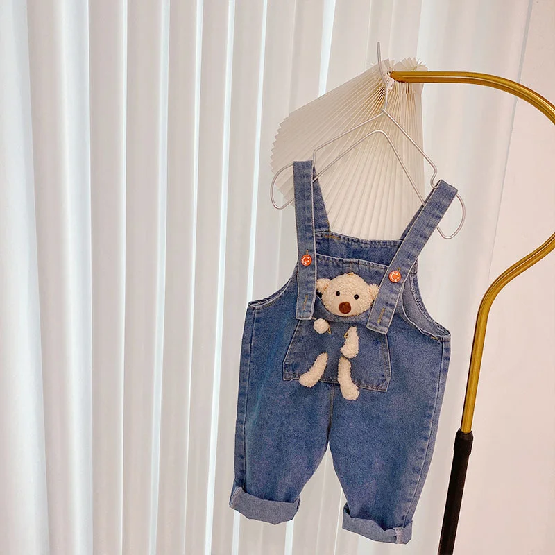 

cowboy suspenders pants for girls and boys bear cartoon leisure pants children's clothing autumn jeans boys