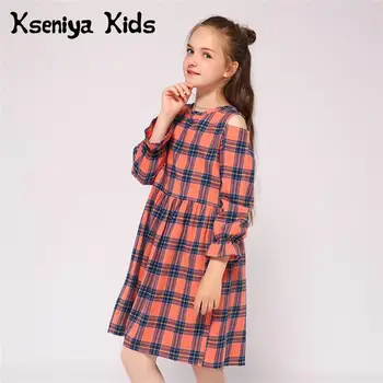 

Kseniya Kids Hot Selling Off Shoulder Girls Long Sleeve Dress Plaid Cotton Wool Soft For Spring Autumn