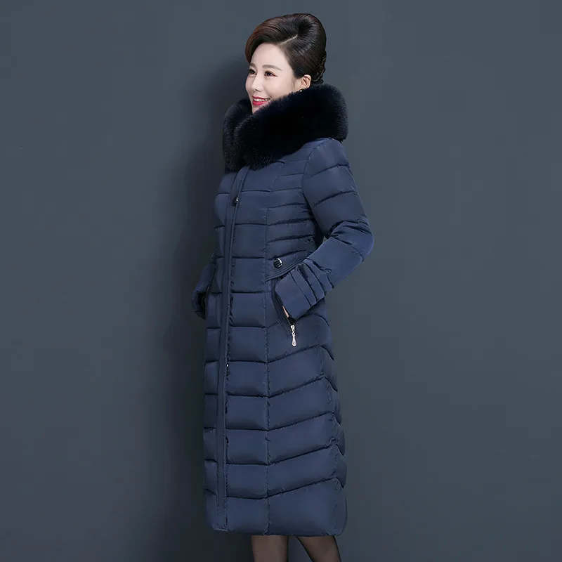 X-long зимняя женская куртка с меховым воротником для женщин среднего возраста, парки с капюшоном, теплое толстое хлопковое Женское зимнее пальто размера плюс 6XL - Цвет: Тёмно-синий