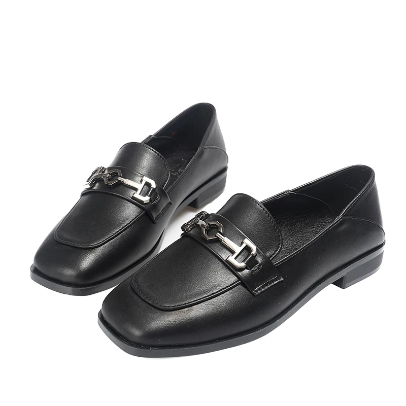 

Spring and Autumn New British Style Retro Square Head Loafer Metal Style One Foot Pedal Medium Size Small Leather Shoes 33-43