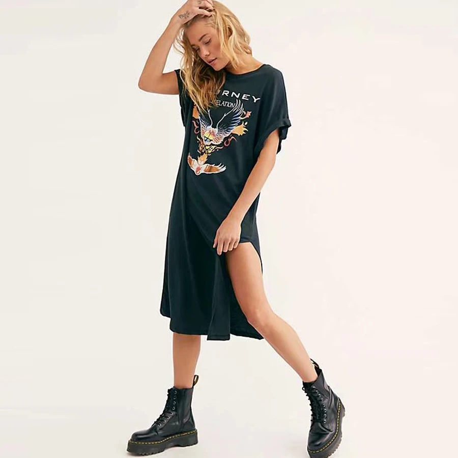 Teelolina vestido preto estilo vintage camiseta com estampa preta verao 2020 vestidos soltos casuais para mulheres estilo boho AliExpress