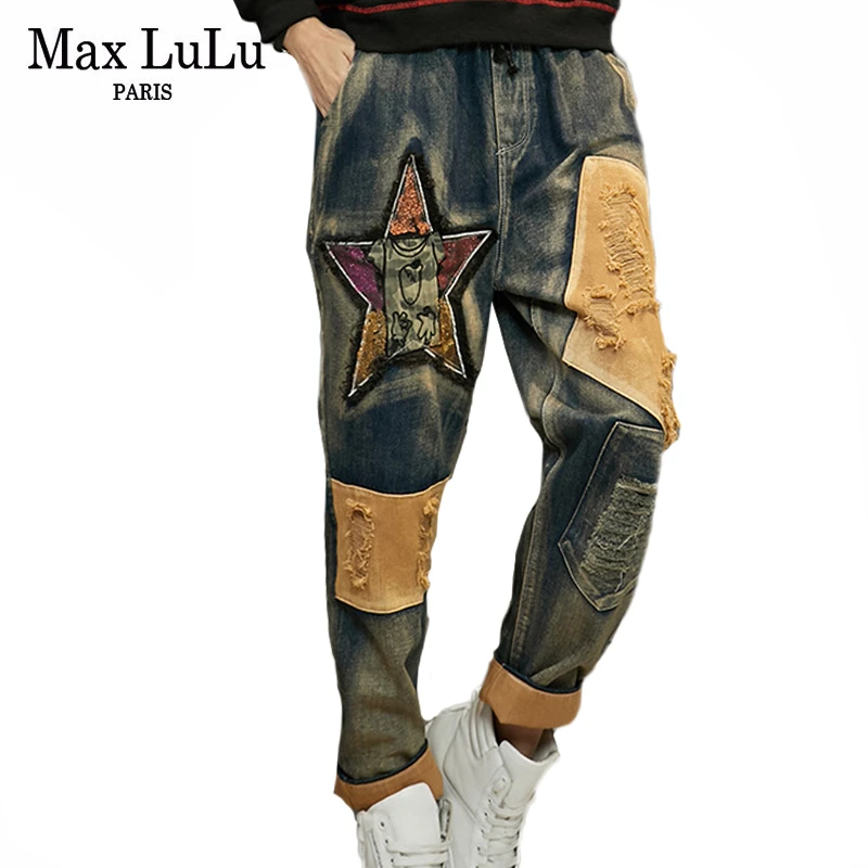 

Max LuLu 2019 Fashion Korean Trousers Ladies Punk Streetwear Womens Printed Elastic Blue Jeans Vintage Ripped Autumn Harem Pants