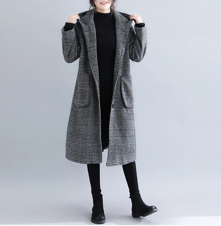 Новинка, клетчатое шерстяное пальто для женщин, осенне-зимние Утепленные Топы с капюшоном, большие размеры XL, женские свободные длинные шерстяные куртки