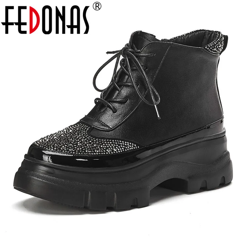

FEDONAS Winter Basic Women Ankle Boots Rhinestone Casual Platform Shoes Woman Genuine Leather High Heeled Party Short Boots