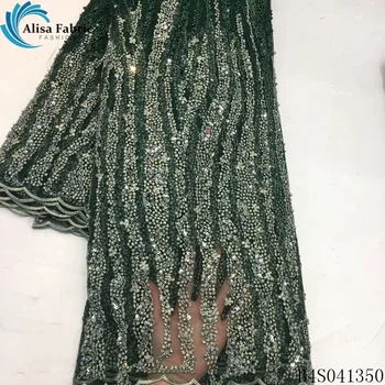 

Alisa green african handmade beaded lace fabric embroidered with sequins 5 yards/pcs french net laces fabrics for garment sewing