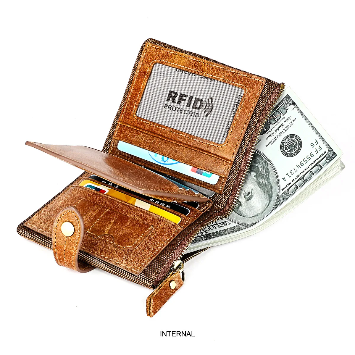 YICHENG RFID luxury Vintage brush Short Genuine Leather wallet men's zipper retro short wallet crazy horse Solid purse