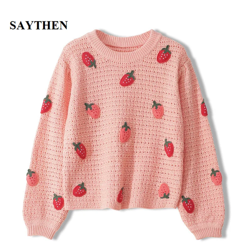 

Saythen 2020 Autumn Sweet Style Sweater Female Strawberry Decorative Embroidery Loose Short Top Round Neck Long Sleeve Pullover