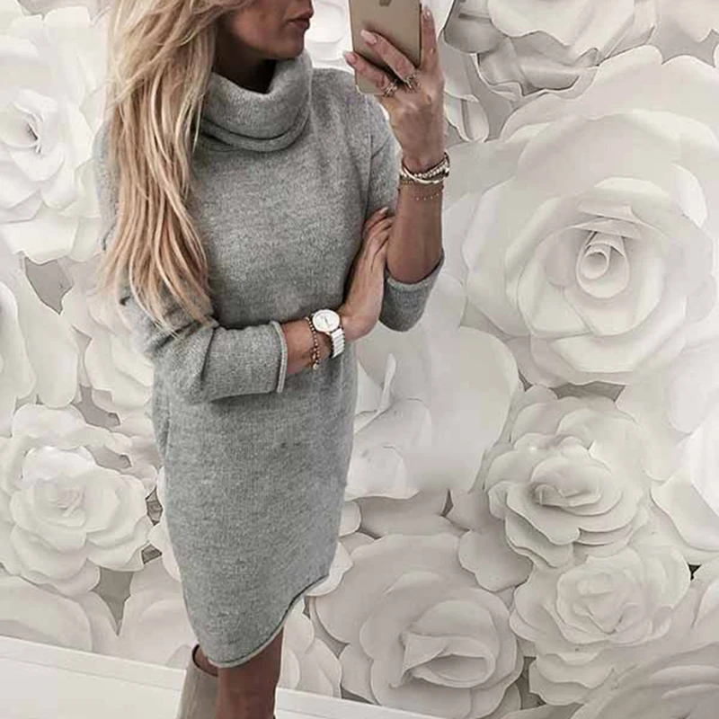 Autumn Spring Long Knitted Sweater Women Solid Sleeve Elegant Mini Warm Turtleneck Dress Bottoming Femme | Женская одежда