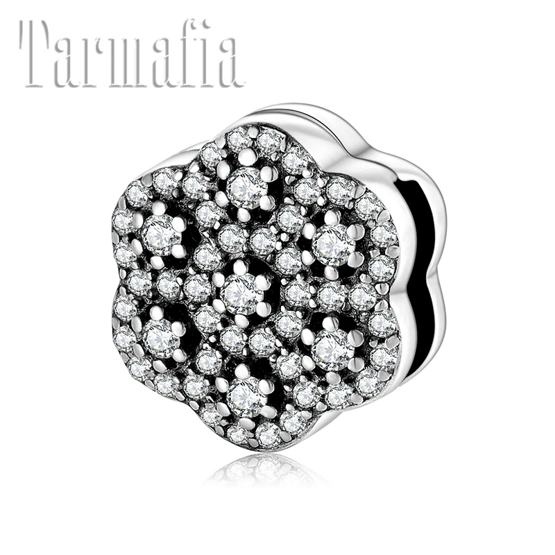 

Hot Real 925 Sterling Silver Charm Round Dazzing CZ Flower Bead Clip Fit Original Reflection Charm Bracelet Jewelry Accessories