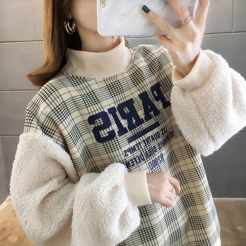 Женский свитер с капюшоном, модная Повседневная зимняя одежда с длинным рукавом и высоким воротником, бархатная Женская одежда с буквенным принтом