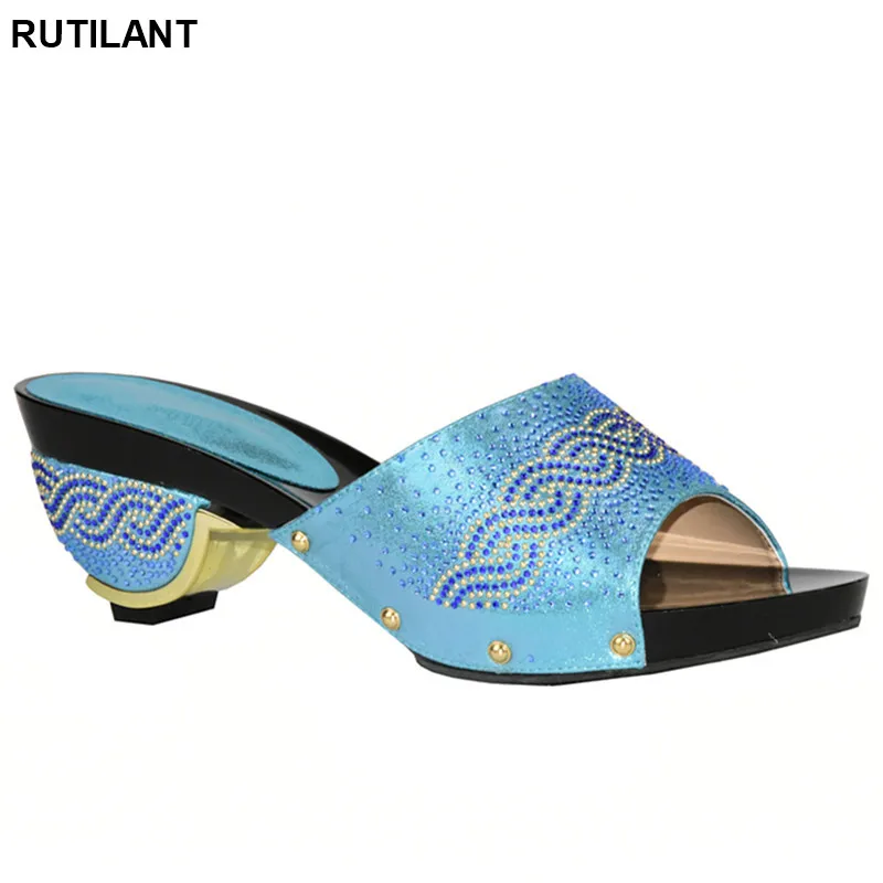 

New Design Sky Blue Color African Slippers Summer High Heels High Quality African Low Heels Pumps African Women Wedding Shoes