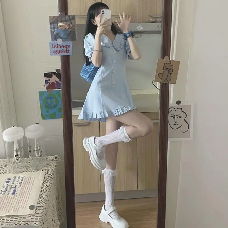 

Platycodon skirt first love small French light blue skirt female summer doll collar bubble sleeve waist A-line dress