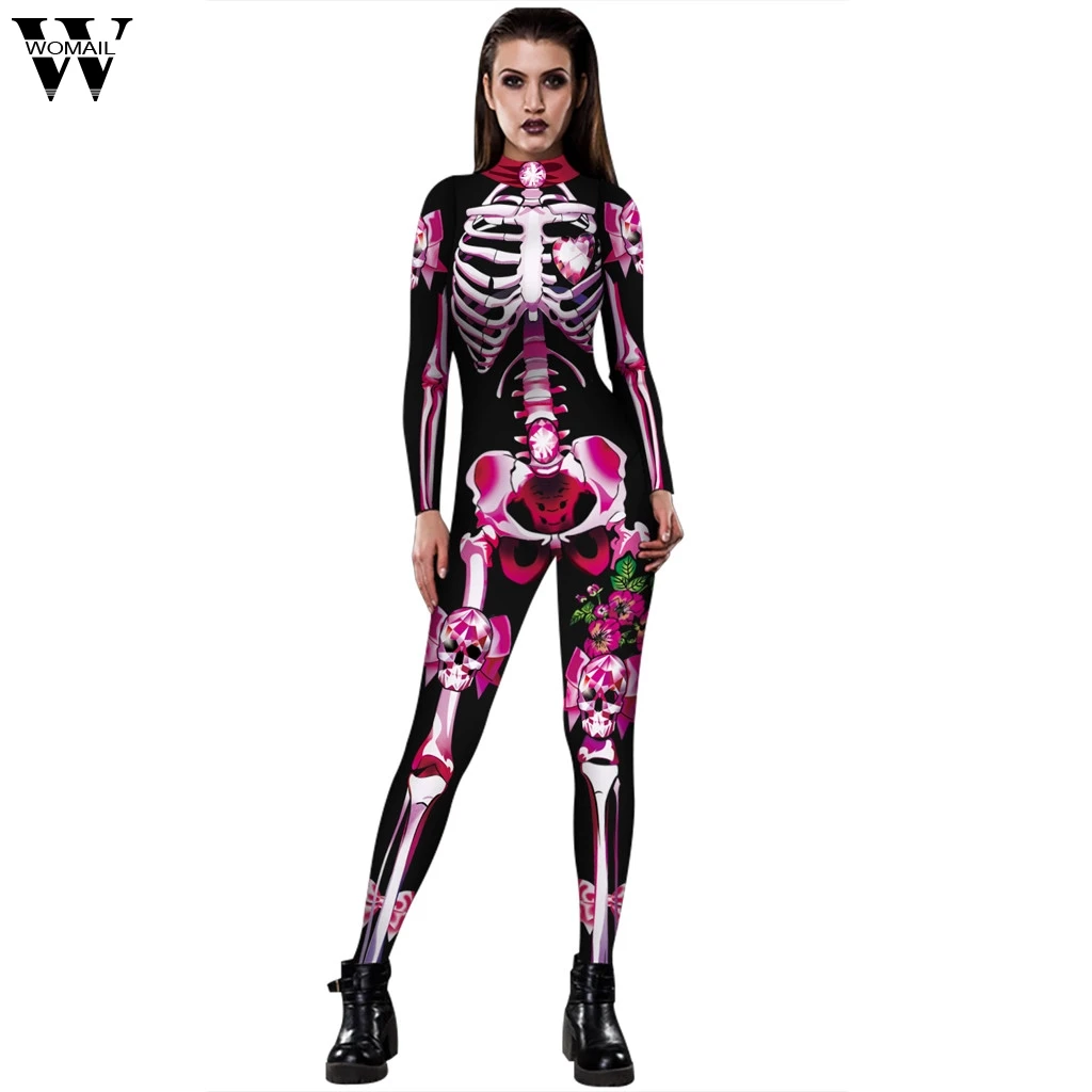 

Womail Vintage Skeleton Scary Costume Funny Playsuit Skinny Jumpsuit Long Sleeve Bodysuit 3D Print Skulls Halloween Cosplay