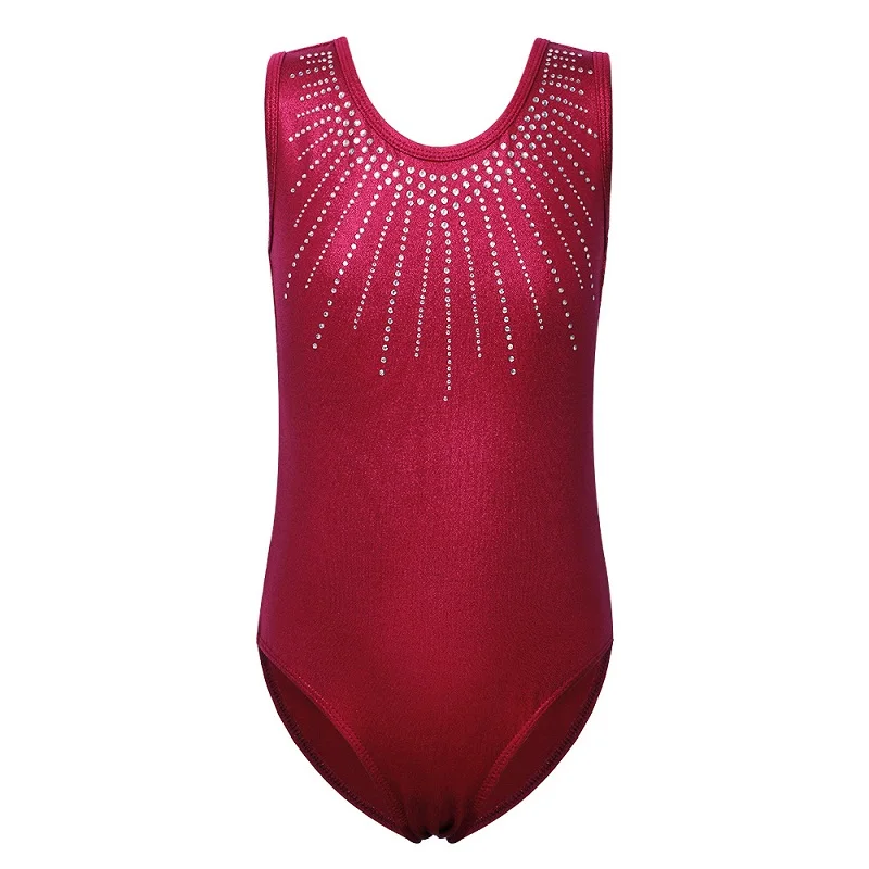 BAOHULU Teens Kids Sleeveless Gymnastics Leotard Red Sparkle Diamond Skate Leotards for Girls Ballet Bodysuit Dance Costume - Цвет: B199 Wine red