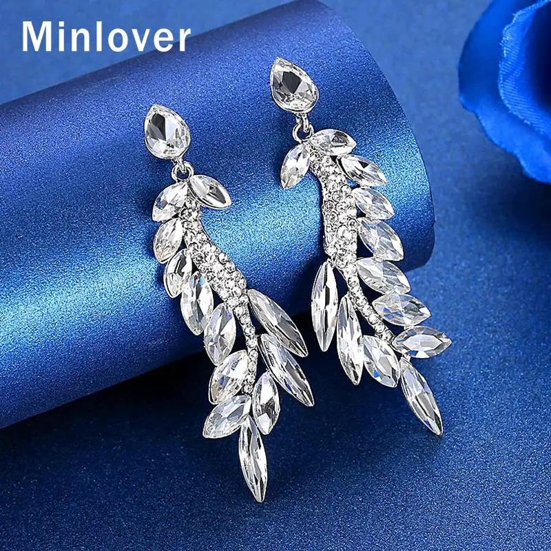 

Minlover Silver Color Leaf Vine Cluster Wedding Drop Earrings for Women Crystal Bride Long Dangle Earrings Party Jewelry MEH1633