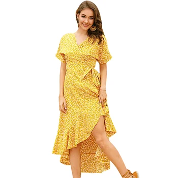 

Summer Beach Maxi Dress Women Floral Print Boho Chiffon Dress Ruffles Casual V-Neck Dress