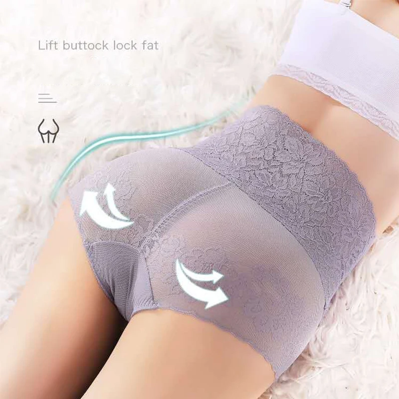 

High Waisted Sexy Lace Underwear Women's Traceless Plus Size Closed Abdomen And Hip Lifting Cotton Crotch Body Shaping Briefs