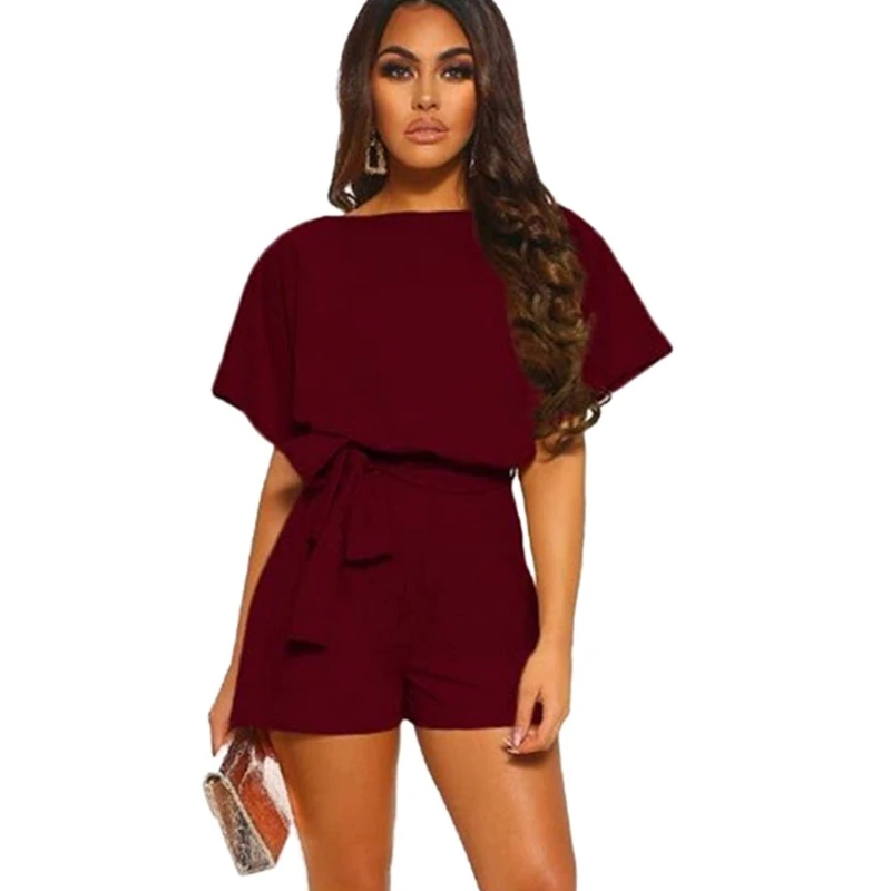 

Women Jumpsuit Summer Rompers Short Sleeve Strappy Onesies Casual Short Jumpsuit Wine Red M