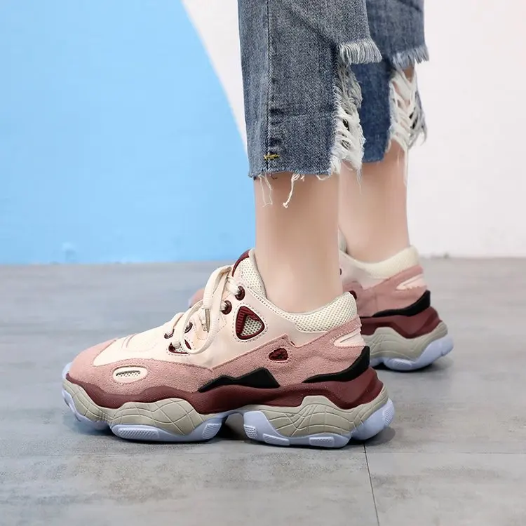 

1122019ins Dad Athletic Shoes Contrast Color Fire Lace-up Low Top Thick Bottomed Extra High Soft-Sole Versatile Breathable Runni