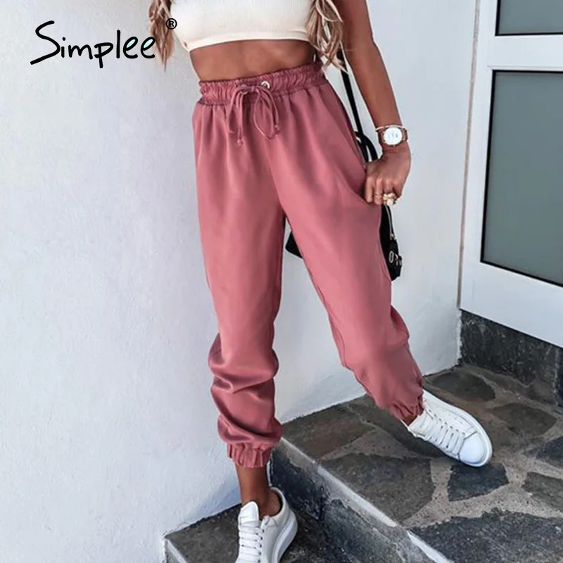 Simplee Solid color lace up women's Harlem pants Casual sports loose home pants Street pink polyester pants new summer 2020 Simplee Solid color lace up women's Harlem pants Casual sports loose home pants Street pink polyester pants new summer 2020
