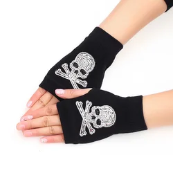 Cool Cartoon Skull Winter Rivet Hot Drilling Mitten Women Warm Knit Diamonds Sequins Fingerless Hip Hop Punk Dancing Glove G50