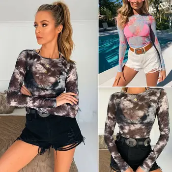

Womens Hollow See through Mesh Shirt Long Sleeve Skinny Ladies Tops Transparent Blouse Clubwear Beach Summer For Women Gray Pink