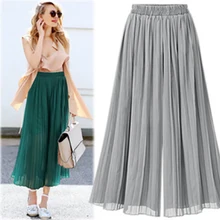 Мода женские летние сетчатые шифон, высокая талия Свободные женские повседневные бюст Однотонная юбка складные большие брюки юбка Новинка