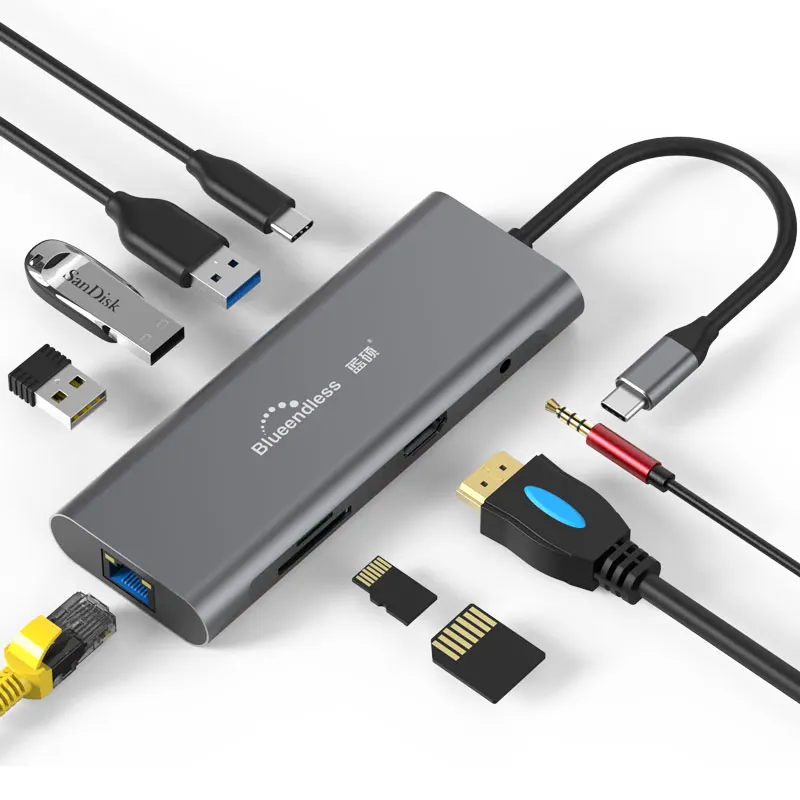 HUB090 Blueendless USB 3,0 HDMI адаптер для разветвителя 8 портов TF SD карта PD USB C концентратор тип-c к RJ45 Ethernet сеть для MacBook Pro - Цвет: HUB090