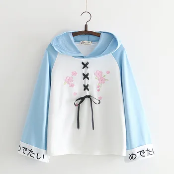 

Harajuku Japanese Women Hoodies Cute Floral Embroidery Hooded Pink Sweatshirt Sweet Bandage Letter Print Girls Pullovers Blue