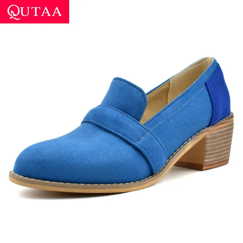 

QUTAA 2020 Flock Square Heel Slip on Women Single Shoes Spring Autumn Casual Round Toe All Match Women Pumps Big Size 34-43