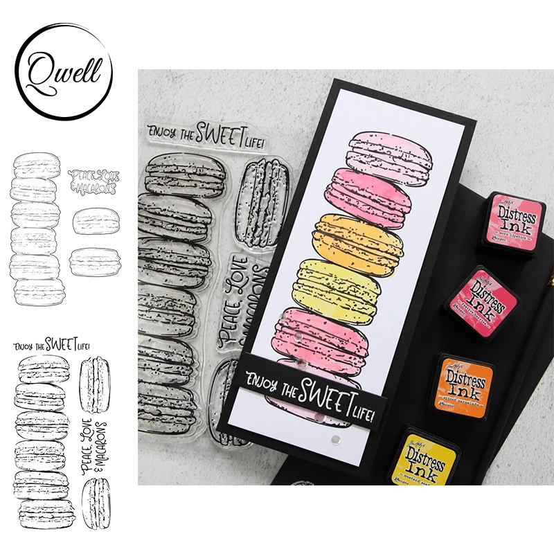 

QWELL 7 Yummy Macarons Sweet Lift Metal Cutting Dies and Clear Silicone Stamps DIY Scrapbooking Album Craft Paper Cards 2021