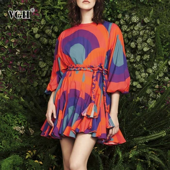 

VGH Casual Print Hit Color Dresses Women O Neck Lantern Three Quarter Sleeve High Waist Lace Up Ruffle Dress Female Clothing New