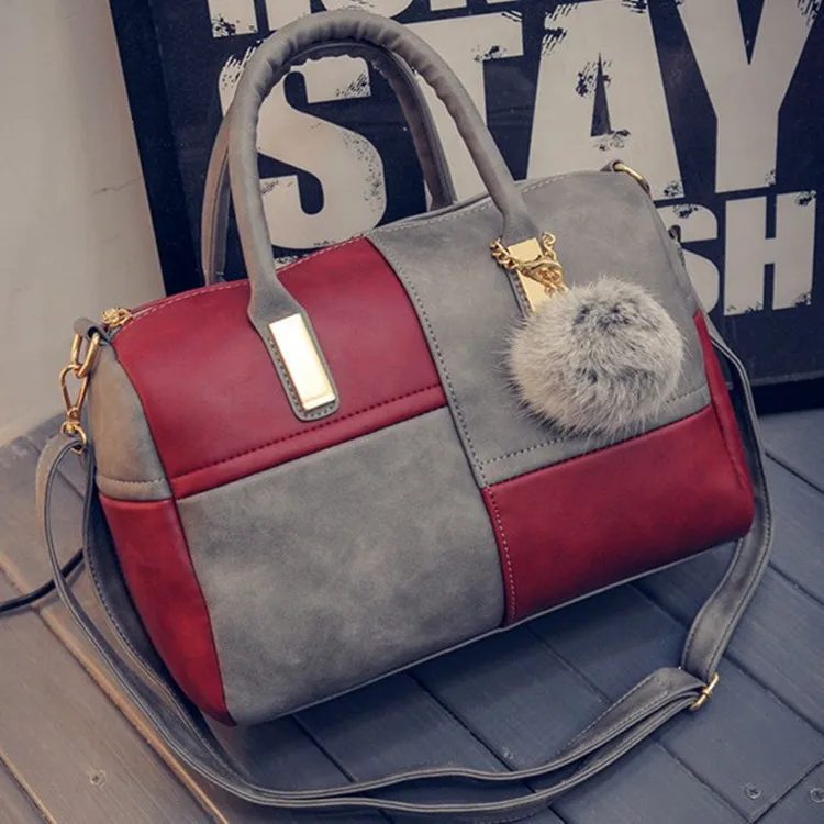 

2018 New Style Fuzzy Ball Pendant BOSTON WOMEN'S Bag Fashion Retro Contrast Color Joint Crossbody Bag WOMEN'S Handbag