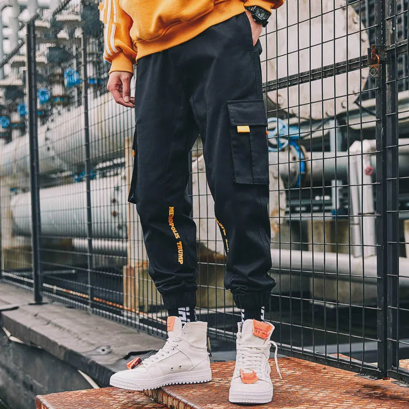 Черные мужские брюки карго, осень, свободные, модные, Ins Joggers, мужские брюки, повседневные, эластичная талия, средняя, камуфляжные штаны, хип-хоп, с карманами, мужские брюки