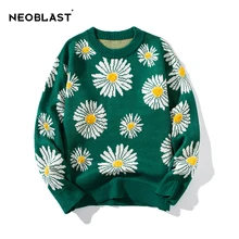 

Large Daisy Pattern Sweater Men'sKorean Stylish Pullover Oversize Green Knitted Jumpers Vintage Male Winter Christmas Jersey