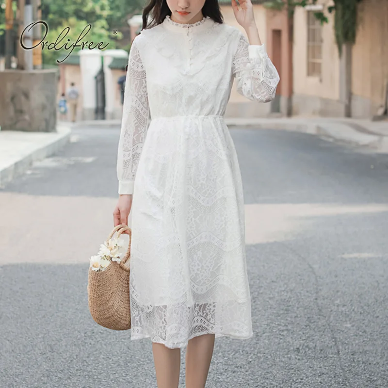 Ordifree Summer Women White Lace Party Dress Vintage Long Sleeve Tunic Beach Dress